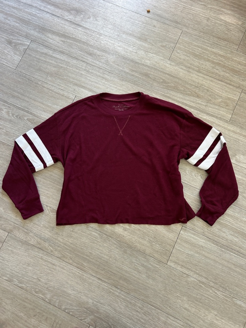 Hollister Burgundy Crop Waffle Tee with White Sleeve Stripes